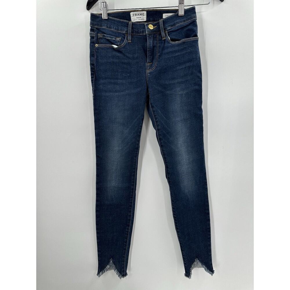 Frame Jean26 Blue Denim Le Skinny De Jeanne Raw Hem Dark Wash Stretch Womens